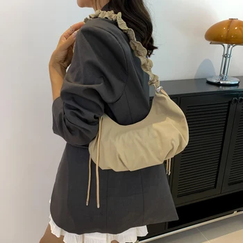 Женская сумка через плечо большой емкости, нейлоновая сумка для пельменей, сумки с плиссированным плечевым ремнем, молодежная модная сумочка с рюшами, сумка для покупок.