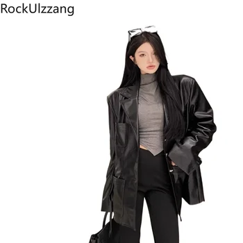 Черный кожаный Блейзер, куртка, женские мотобайкерские пальто, свободная повседневная верхняя одежда, Осенне-весенняя ветровка, harajuku y2k clothing