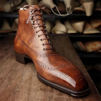 Новые мужские короткие ботинки коричневого цвета с квадратным носком на шнуровке, мужские ботильоны в деловом стиле, бесплатная доставка, Botas De Hombre