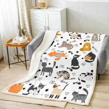 Одеяло с мультяшным котом, плюшевые одеяла с принтом кошек, одеяло-шерпа с милым котенком, пушистое одеяло с рисунком домашних кошек для детей