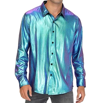 Мужские модные рубашки с лазерным блеском, повседневные мешковатые однобортные рубашки с длинным рукавом, однотонная обычная рубашка, топы, одежда