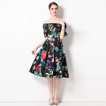 Дизайн подиума, Летнее короткое платье с цветочным принтом, женское платье Миди с квадратным воротником и коротким рукавом, Повседневная одежда с поясом