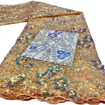Кружевная ткань из молочного шелка с африканскими блестками Желтого цвета, высококачественная кружевная вышивка, Французский тюль, кружевная ткань для пошива в Нигерийском стиле