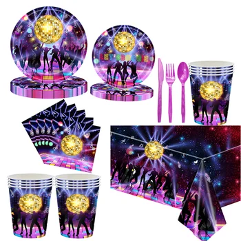 Тарелки и салфетки для дискотек 80-х 90-х годов, необходимые для украшения вечеринки по случаю Дня рождения, набора посуды для танцевальной дискотеки.