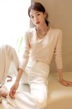 Осенние женские футболки, сексуальный V-образный вырез, сплошной цвет, длинный рукав, Элегантная шикарная Корейская стильная классическая зимняя вязаная блузка C5034