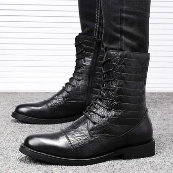 Новые мужские ботинки из натуральной кожи на шнуровке, модные мотоциклетные ботинки в стиле ретро с узором 