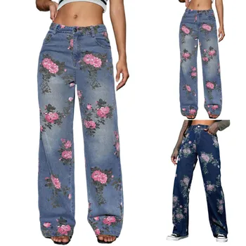 Женские джинсы на пуговицах со средней талией и цветочным принтом, модные повседневные брюки, женские брюки, Размер 14