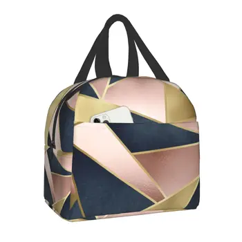 Розовое золото, Розовая Темно-синяя Изолированная сумка для ланча с геометрическим абстрактным рисунком, женская сумка для горячих и холодных ланчей, Геометрическая сумка для детей, школьников