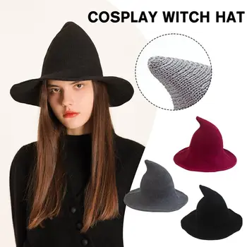 Шляпа на Хэллоуин, Обычная Шляпа Волшебника, Складная Вязаная Шляпа, Шляпа, Ролевая Женская Шляпа, Шерстяная Шляпа Ведьмы, Женская Модная Остроконечная E8M0