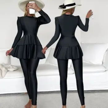 Женские комплекты буркини из двух частей, полностью закрывающие черные купальники с длинным рукавом, купальник, скромная пляжная одежда для купания, купальные костюмы