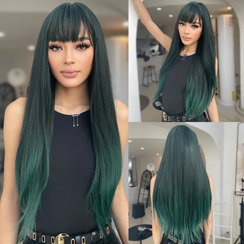 Длинные прямые синтетические парики, черновато-зеленый парик с челкой, красочные парики для косплея для чернокожих женщин, натуральные термостойкие волосы