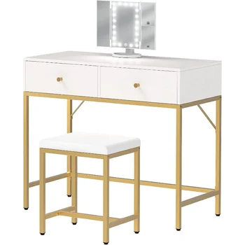 Туалетный столик SUPERJARE, Туалетный столик для макияжа с Табуреткой и трехстворчатым зеркалом с подсветкой, Туалетный столик с 2 Большими выдвижными ящиками - Белый и Золотой