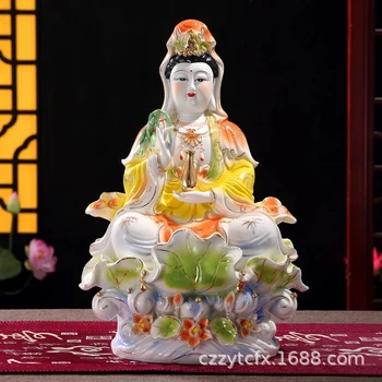 18-дюймовый Нефритовый Фарфор, Полноцветный Орнамент из листьев Сидящего Лотоса, Статуя Будды Бодхисаттвы Гуаньинь