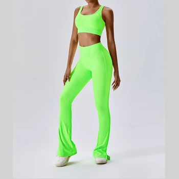 Flared Pants and Bras Gym Set Women Aloe Casual Sports Suits Ribbed Yoga Fitness Apparel Pilates Exercise белье женское комплект