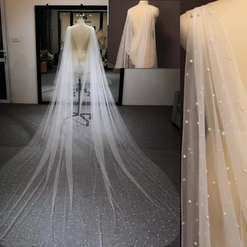 Свадебная шаль с жемчугом, простая женская вечерняя накидка длиной 3 м, свадебное пальто Simplicity Bride для свадьбы, длинный шлейф-фата с запахом