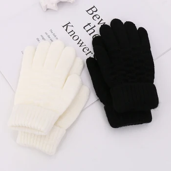 Осенне-зимние детские перчатки, однотонные детские эластичные варежки, уличные теплые перчатки из искусственного кашемира для девочек и мальчиков с полными пальцами