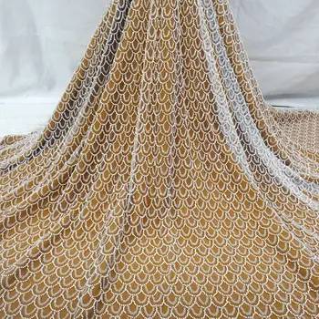 1 ярд французского роскошного африканского тюля нового дизайна, тяжелых кружевных тканей с бисером и пайетками, вышивки для свадьбы HY1337