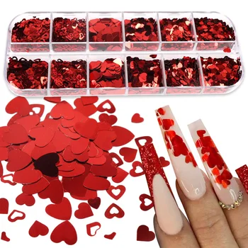 12 Сеток для нейл-арта, блестящие пайетки, подвески в виде красных сердечек, аксессуары для ногтей на День Святого Валентина для украшения праздничного маникюра