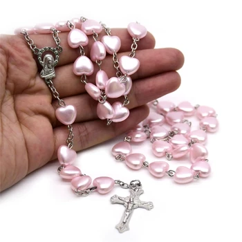 Ожерелья из четок с сердечками, католическая молитва, Розовая подвеска в форме сердца, длинная цепочка, христианский религиозный ювелирный подарок
