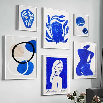 Настенный арт-принт на холсте, картины Klein Blue Girl, Ваза, лист, Минималистичный Абстрактный Декор для гостиной, Картина, плакат, Салон