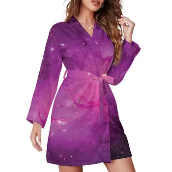 Пижамный халат с принтом Галактики, модное розово-фиолетовое платье с V-образным вырезом, женский халат для сна с длинным рукавом, пижамные халаты с принтом