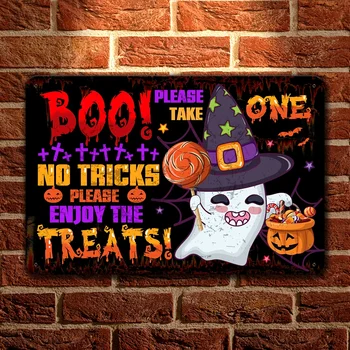 Жестяная вывеска Boo на Хэллоуин, пожалуйста, возьмите одну, без фокусов, пожалуйста, наслаждайтесь угощениями, Хэллоуин, пожалуйста, возьмите одну конфетную вывеску, алюминий 12x8 дюймов