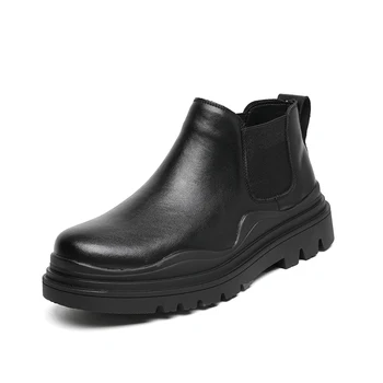 Мужские черные кожаные ботинки в британском стиле, новинка 2023 года, весенне-осенние ботильоны на толстой подошве