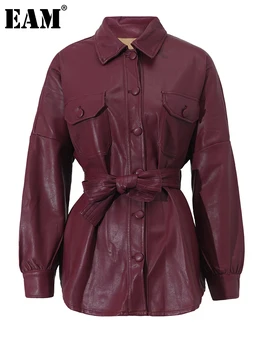[EAM] Куртка Свободного Кроя Из Винно-красной Искусственной Кожи С поясом Большого Размера, Новое Женское Пальто С Отворотом И Длинным Рукавом, Модное Весенне-Осеннее 2023 WH292