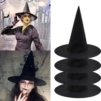 Шляпа ведьмы на Хэллоуин, унисекс, черные шляпы для взрослых, детские принадлежности для вечеринки на Хэллоуин, реквизит для косплея, украшения, шапки волшебников
