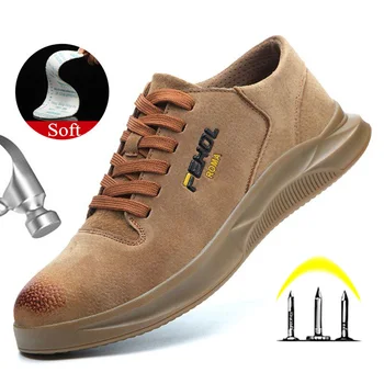 Дышащая безопасная рабочая обувь для мужчин, кожаная обувь, защитная рабочая обувь, дышащая и противоскользящая, легкая рабочая обувь на мягкой подошве